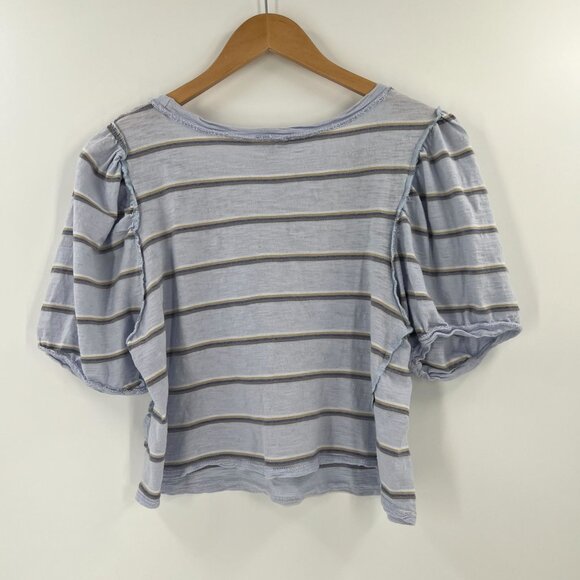 Free People S/P We The Free Stripe Crop Top Raw Seam Puff Sleeve Boho Tee - Picture 9 of 11
